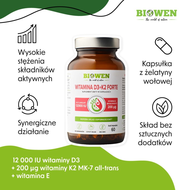 Witamina D3+K2 Forte 12.000iu - 60 kapsułek BIOWEN