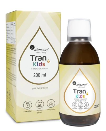 Tran (olej z dorsza) KIDS + Wit. A 400 µg, 200 ml o smaku cytrynowym ALINESS