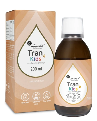 Tran (olej z dorsza) KIDS + Wit. A 400 µg, 200 ml o smaku pomarańczowym ALINESS